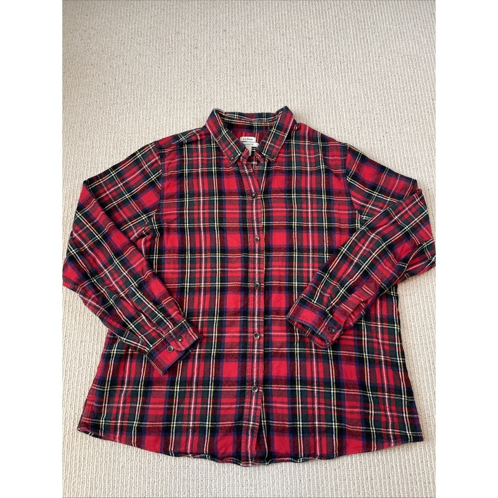 LL Bean Womens XL Flannel Button Up Shirt Relaxed Fit Tartan Plaid Red